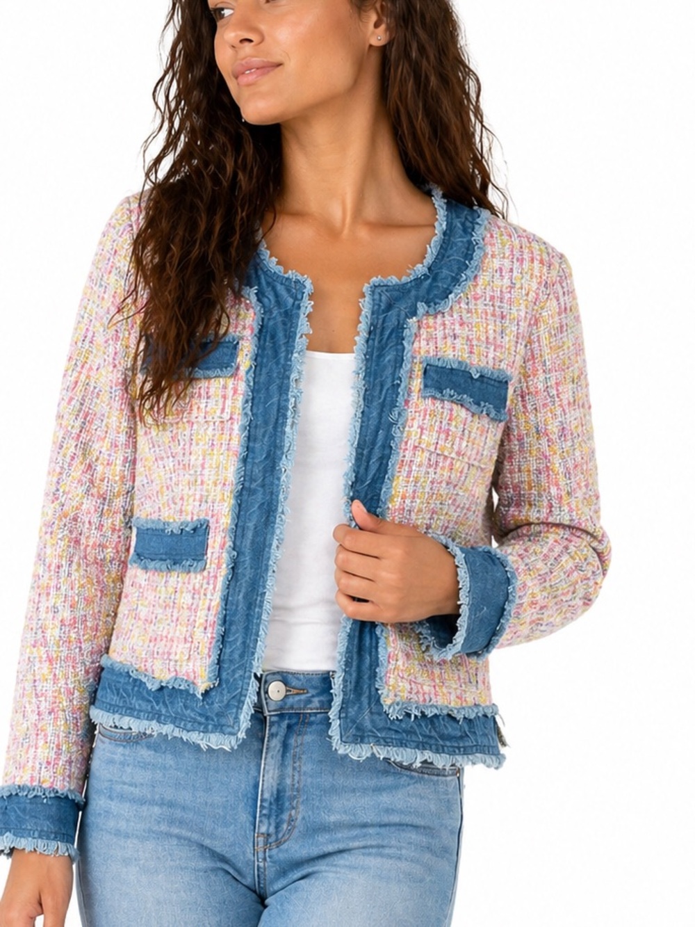 T890.NWT Multicolor Tweed Jacket with Denim Trim - Women